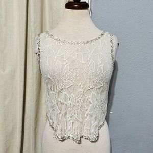 Foreign Exchange Y2K Ivory Beaded Lace Cropped Floral Fairy Tank Top Sz Small